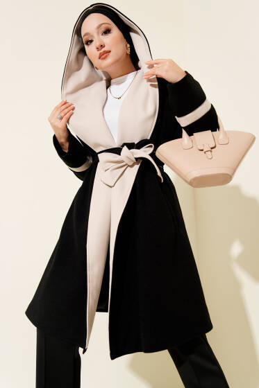 Kapüşonlu Kuşaklı Kaşe Kaban Siyah Taş - Kaban