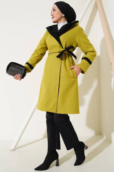 Kapüşonlu Kuşaklı Kaşe Kaban Yağ Yeşili - Kaban