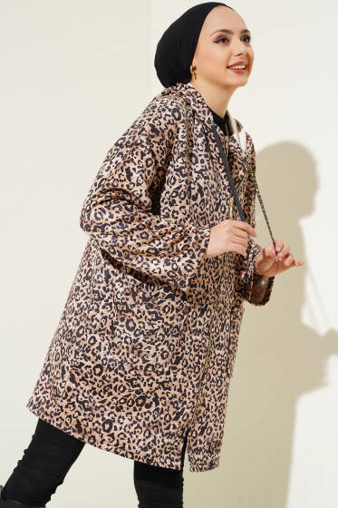 Kapüşonlu Leopar Desen Kap Bej - Dış Giyim&Mont
