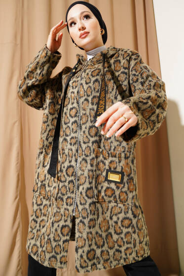 Kapüşonlu Leopar Desen Kaşe Kaban Camel - Kaban