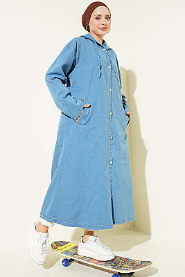 Kapüşonlu Metal Düğmeli Kot Kap Açık Mavi - TEGOE