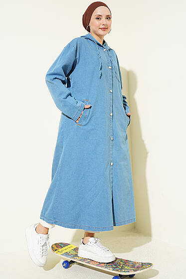 Kapüşonlu Metal Düğmeli Kot Kap Açık Mavi - Dış Giyim&Mont