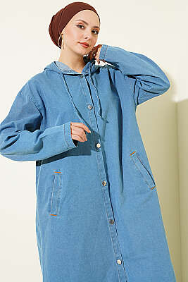 Kapüşonlu Metal Düğmeli Kot Kap Açık Mavi - Dış Giyim&Mont