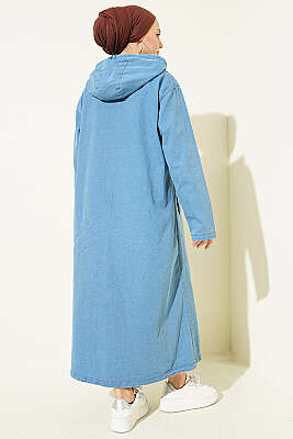 Kapüşonlu Metal Düğmeli Kot Kap Açık Mavi - Dış Giyim&Mont