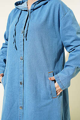 Kapüşonlu Metal Düğmeli Kot Kap Açık Mavi - Dış Giyim&Mont