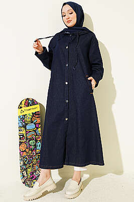 Kapüşonlu Metal Düğmeli Kot Kap Lacivert - Dış Giyim&Mont