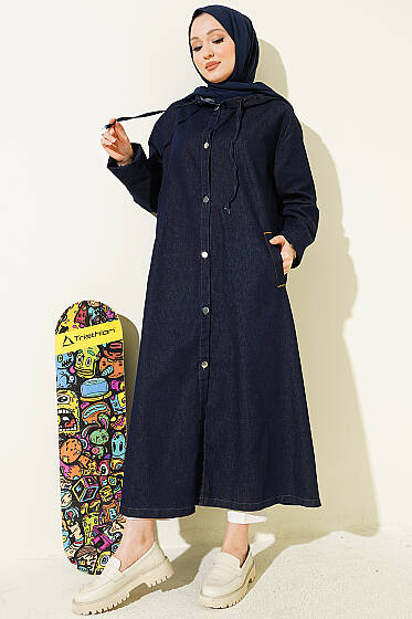 Kapüşonlu Metal Düğmeli Kot Kap Lacivert - Dış Giyim&Mont