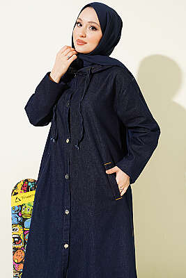 Kapüşonlu Metal Düğmeli Kot Kap Lacivert - Dış Giyim&Mont