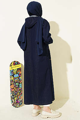 Kapüşonlu Metal Düğmeli Kot Kap Lacivert - Dış Giyim&Mont