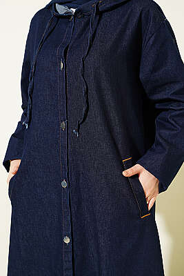 Kapüşonlu Metal Düğmeli Kot Kap Lacivert - Dış Giyim&Mont