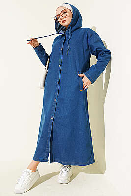 Kapüşonlu Metal Düğmeli Kot Kap Mavi - TEGOE