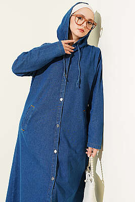 Kapüşonlu Metal Düğmeli Kot Kap Mavi - Dış Giyim&Mont