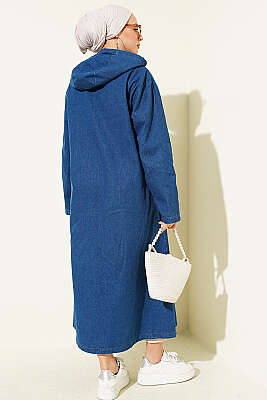 Kapüşonlu Metal Düğmeli Kot Kap Mavi - Dış Giyim&Mont