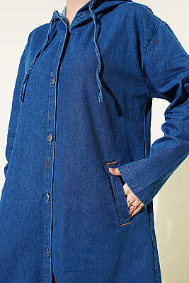 Kapüşonlu Metal Düğmeli Kot Kap Mavi - Dış Giyim&Mont