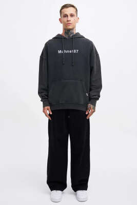 Kapüşonlu Nakışlı Oversize Erkek Sweatshirt Antrasit - Erkek Sweatshirt