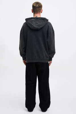 Kapüşonlu Nakışlı Oversize Erkek Sweatshirt Antrasit - Erkek Sweatshirt