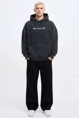 Kapüşonlu Nakışlı Oversize Erkek Sweatshirt Antrasit - Erkek Sweatshirt