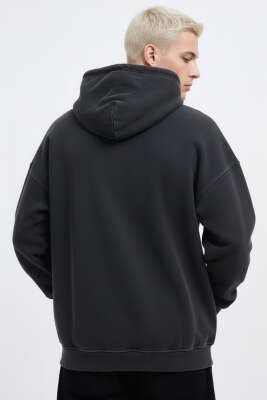 Kapüşonlu Nakışlı Oversize Erkek Sweatshirt Antrasit - Erkek Sweatshirt