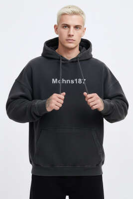 Kapüşonlu Nakışlı Oversize Erkek Sweatshirt Antrasit 