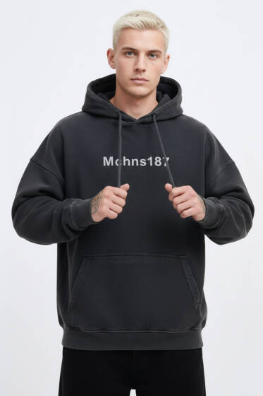 Kapüşonlu Nakışlı Oversize Erkek Sweatshirt Antrasit - Erkek Sweatshirt