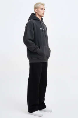 Kapüşonlu Nakışlı Oversize Erkek Sweatshirt Antrasit - Erkek Sweatshirt