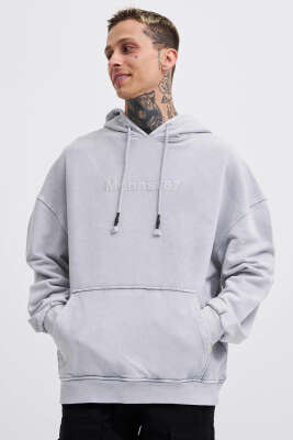 Kapüşonlu Nakışlı Oversize Erkek Sweatshirt Gri - MACINIST
