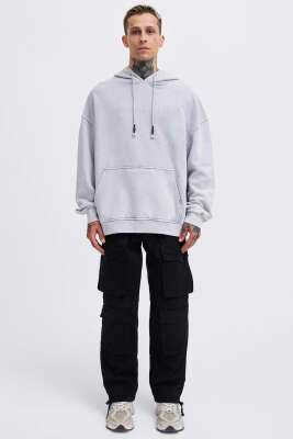 Kapüşonlu Nakışlı Oversize Erkek Sweatshirt Gri - Erkek Sweatshirt