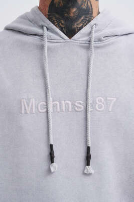 Kapüşonlu Nakışlı Oversize Erkek Sweatshirt Gri - Erkek Sweatshirt