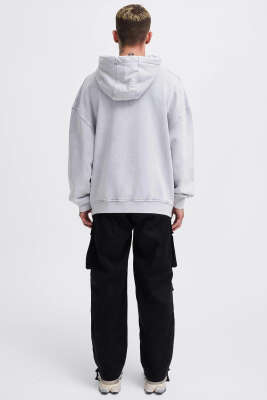 Kapüşonlu Nakışlı Oversize Erkek Sweatshirt Gri - Erkek Sweatshirt