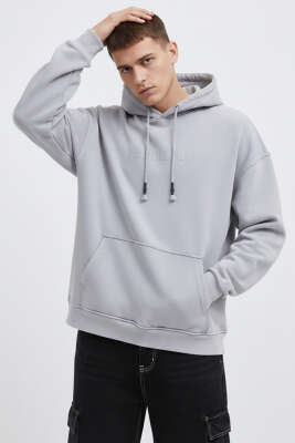 Kapüşonlu Nakışlı Oversize Erkek Sweatshirt Gri - Erkek Sweatshirt