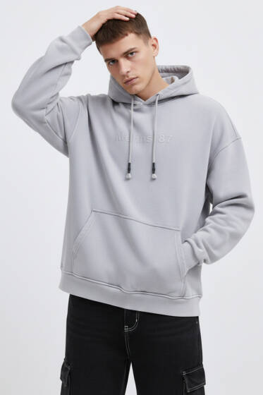 Kapüşonlu Nakışlı Oversize Erkek Sweatshirt Gri - Erkek Sweatshirt