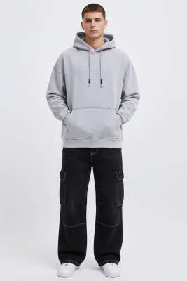 Kapüşonlu Nakışlı Oversize Erkek Sweatshirt Gri - Erkek Sweatshirt