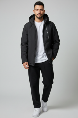 Kapüşonlu Önü Biyeli Erkek Mont Siyah - Erkek Mont