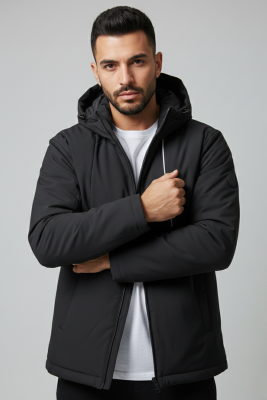 Kapüşonlu Önü Biyeli Erkek Mont Siyah - DANGER