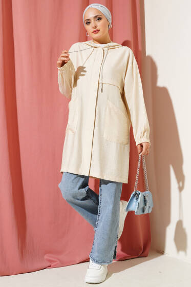 Kapüşonlu Önü Cepli Kap Bej - Tunik