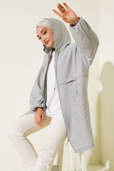 Kapüşonlu Önü Cepli Kap Gri - Tunik