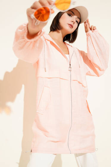 Kapüşonlü Önü Cepli Kap Pembe - Dış Giyim&Mont