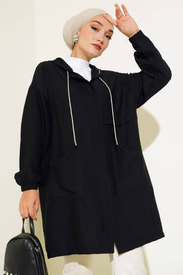 Kapüşonlu Önü Cepli Kap Siyah - Tunik