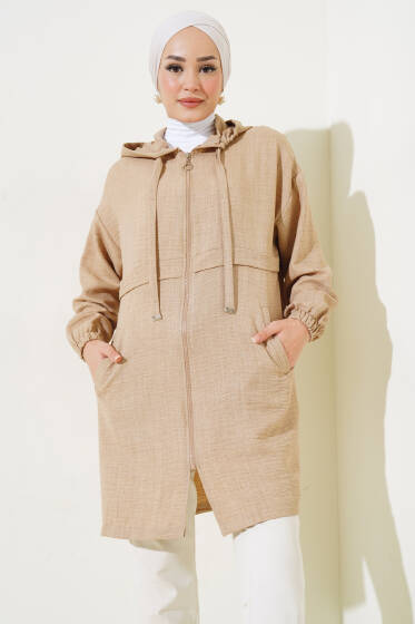 Kapüşonlu Önü Fermuarlı Hırka Camel - Hırka