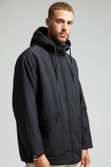 Kapüşonlu Oversize Erkek Mont Siyah - Erkek Mont