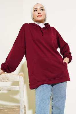 Kapüşonlu Oversize Sweat Bordo 