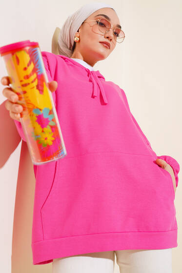 Kapüşonlu Oversize Sweat Fuşya - Tunik