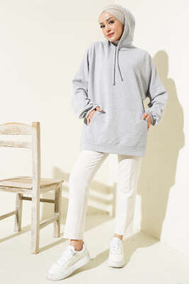 Kapüşonlu Oversize Sweat Gri - Tunik