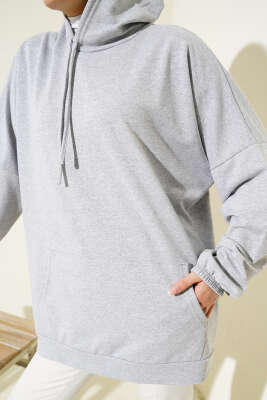 Kapüşonlu Oversize Sweat Gri - Tunik