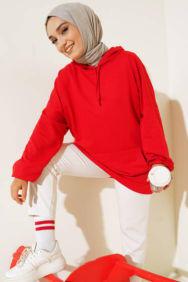 Kapüşonlu Oversize Sweat Kırmızı - Tunik