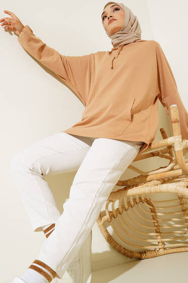 Kapüşonlu Oversize Sweat Latte - Tunik