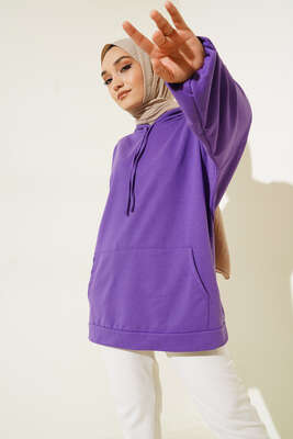 Kapüşonlu Oversize Sweat Mor 