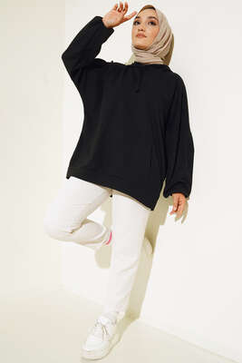 Kapüşonlu Oversize Sweat Siyah - Yılın Fırsatı