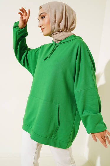 Kapüşonlu Oversize Sweat Yeşil - Yılın Fırsatı