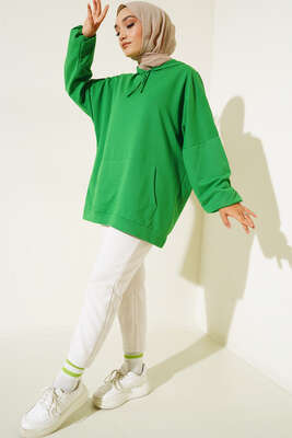 Kapüşonlu Oversize Sweat Yeşil - Yılın Fırsatı